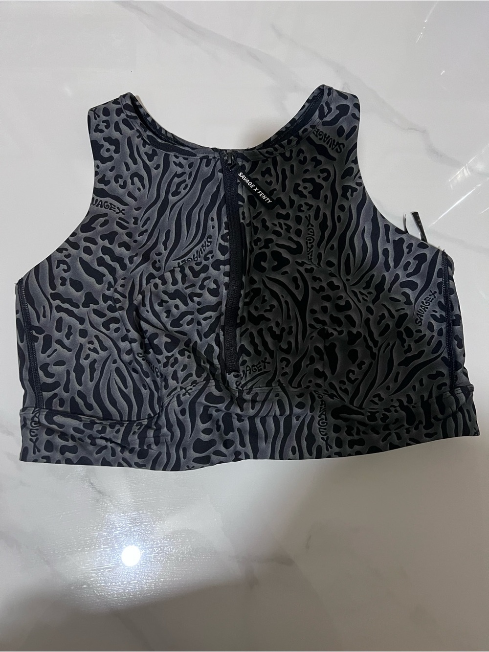 Savage X Fenty High-Neck Black & Gray Patterned Sports Crop Top